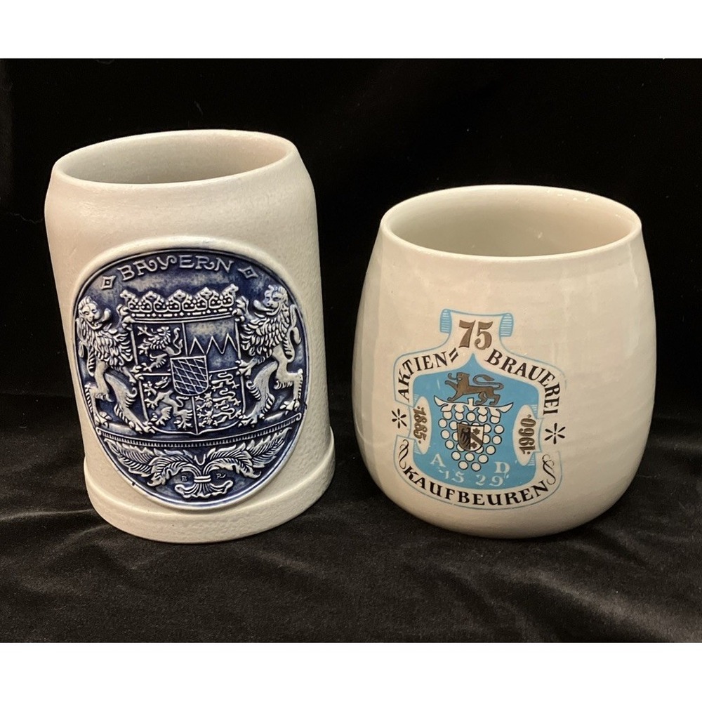 Set of 2 German Beer Stein Mugs Gerz Bayern Coat of Arms & Kaufbeuren W Germany